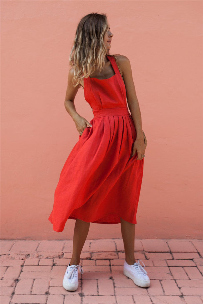 Midi Dress with Back Strap Button Detail for Women