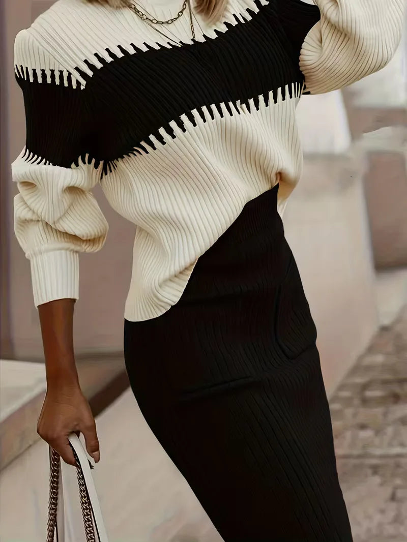 Falda Midi de Cintura Alta y Suéter Oversized de Punto Acanalado para Mujer