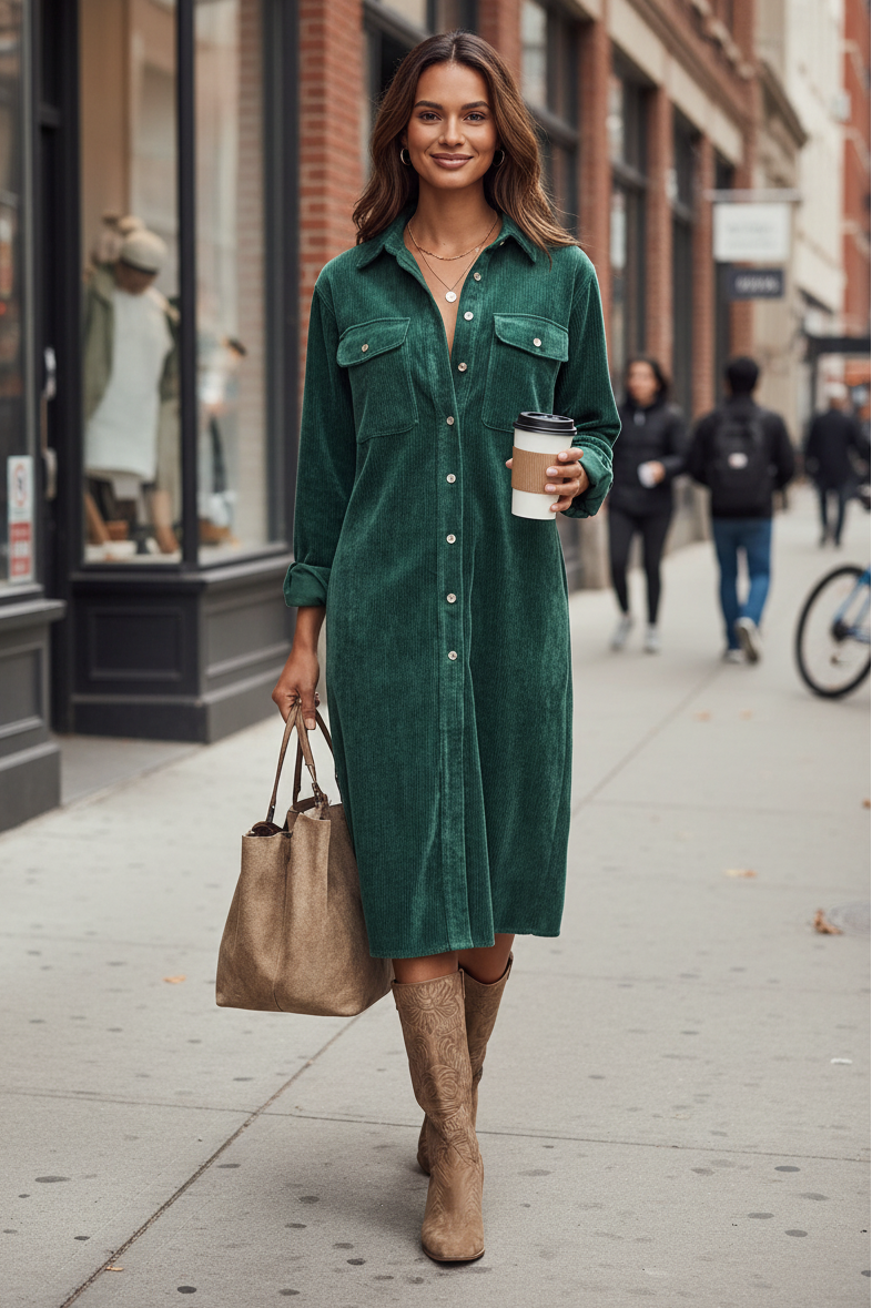 Vestido Camisero Midi de Pana de Manga Larga con Bolsillos para Mujer
