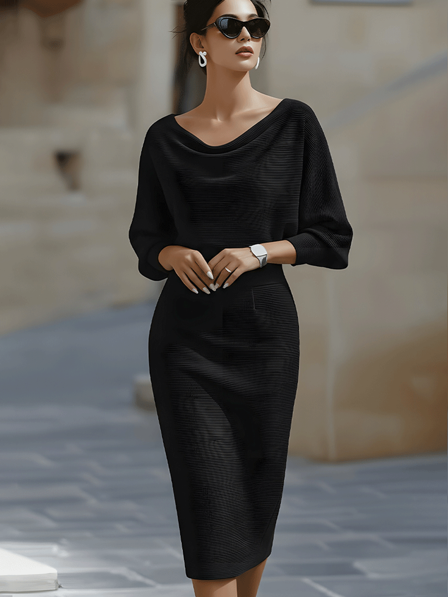 Vestido Midi de Suéter de Punto Acanalado con Mangas Murciélago para Mujer