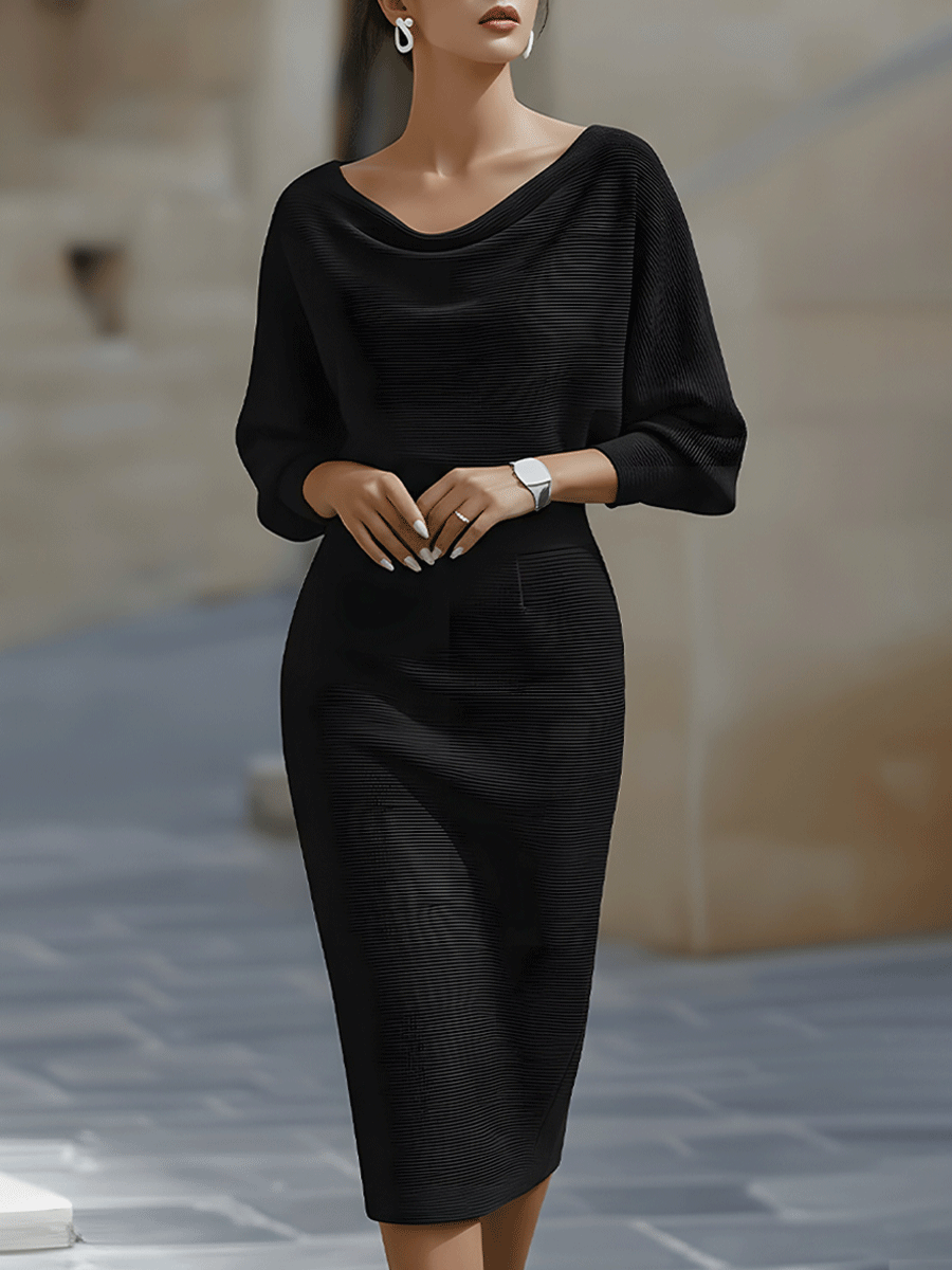 Vestido Midi de Suéter de Punto Acanalado con Mangas Murciélago para Mujer