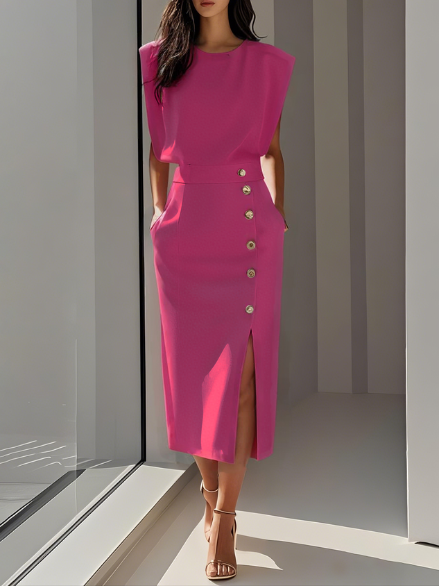Vestido Midi con Cuello Redondo y Botones para Mujer | Ideal para el Verano