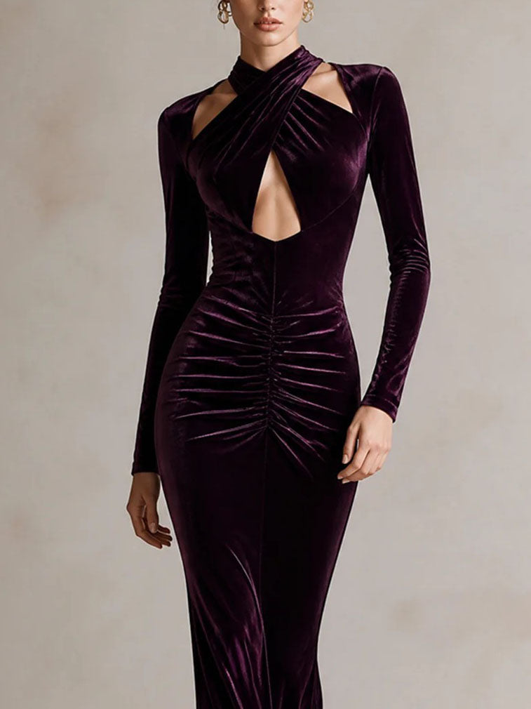 Vestido Largo de Terciopelo con Manga Larga y Cuello Halter para Mujer