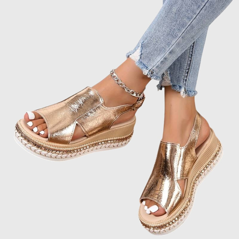 Sandalias de Cuña con Hebilla y Punta Abierta para Mujer