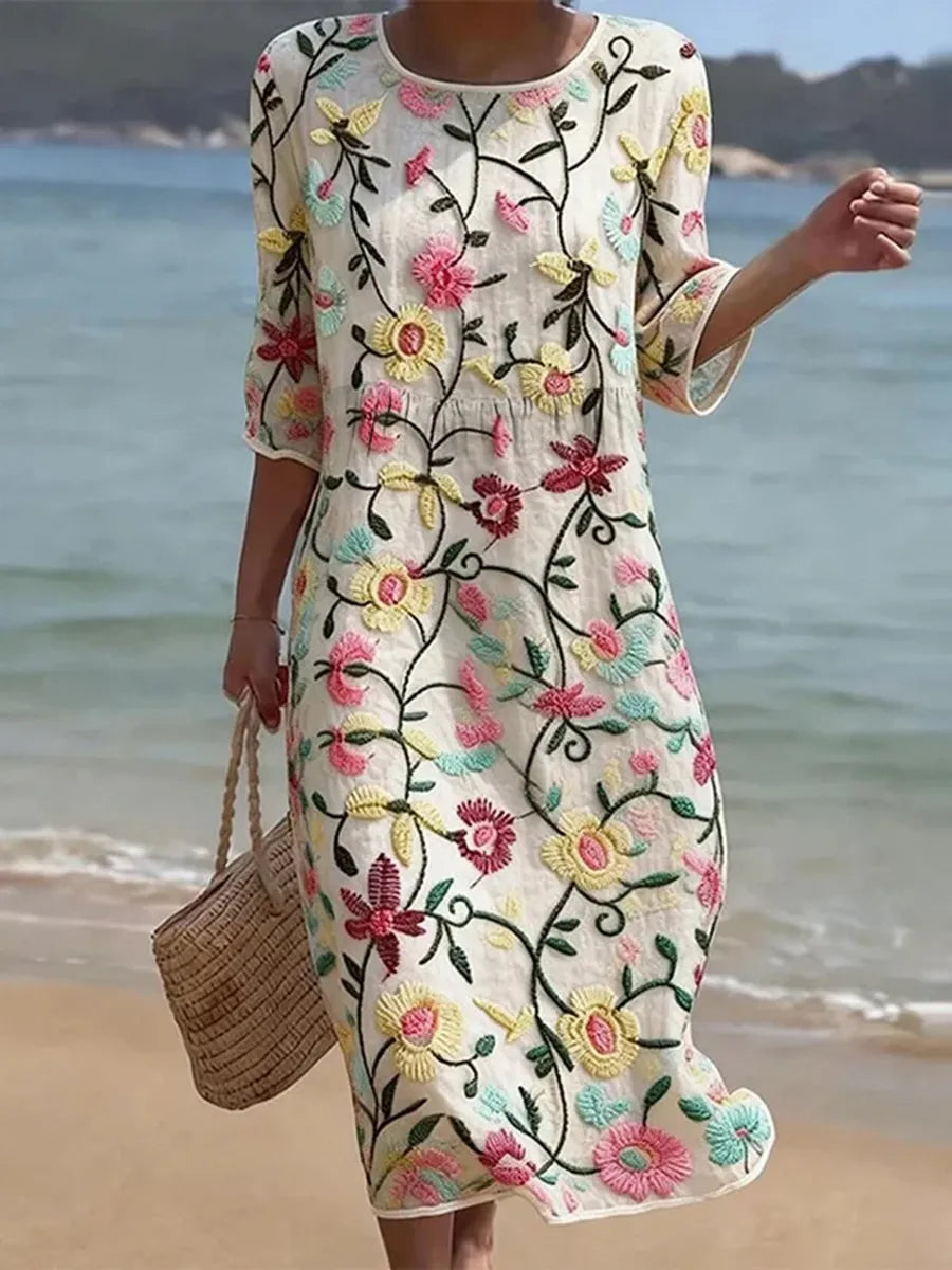 Vestido Vintage con Bordado Floral para Mujer