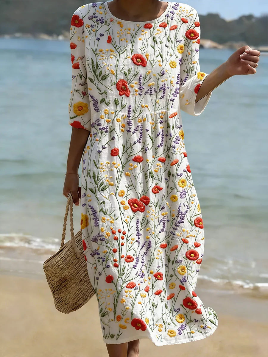 Vestido Vintage con Bordado Floral para Mujer