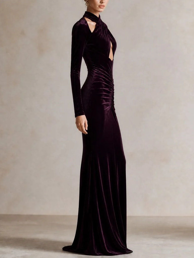 Vestido Largo de Terciopelo con Manga Larga y Cuello Halter para Mujer