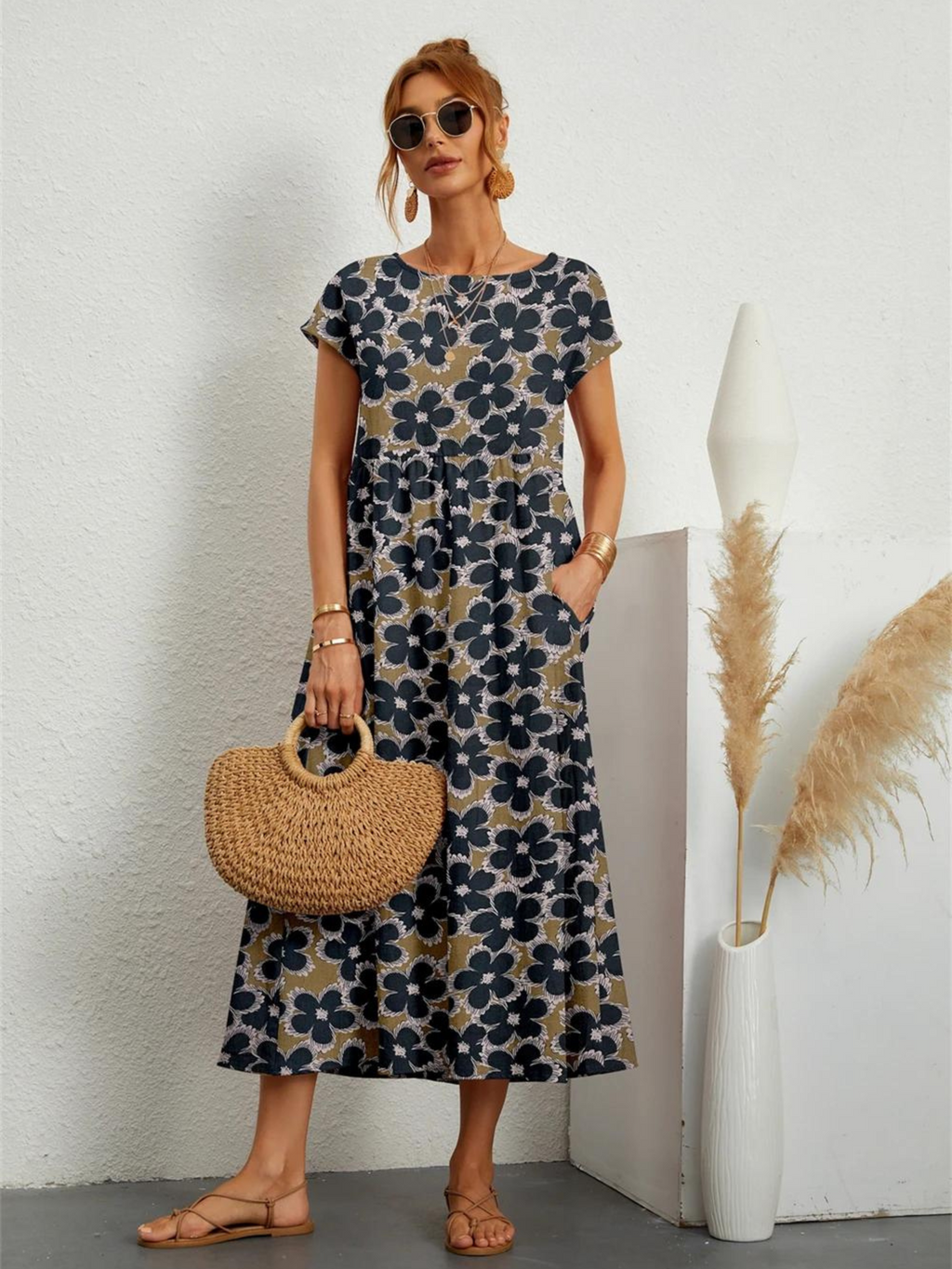 Vestido Estampado de Algodón y Lino para Mujeres