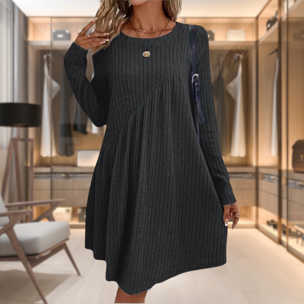 Vestido Midi Asimétrico de Punto Canalé con Corte Evasé para Mujer