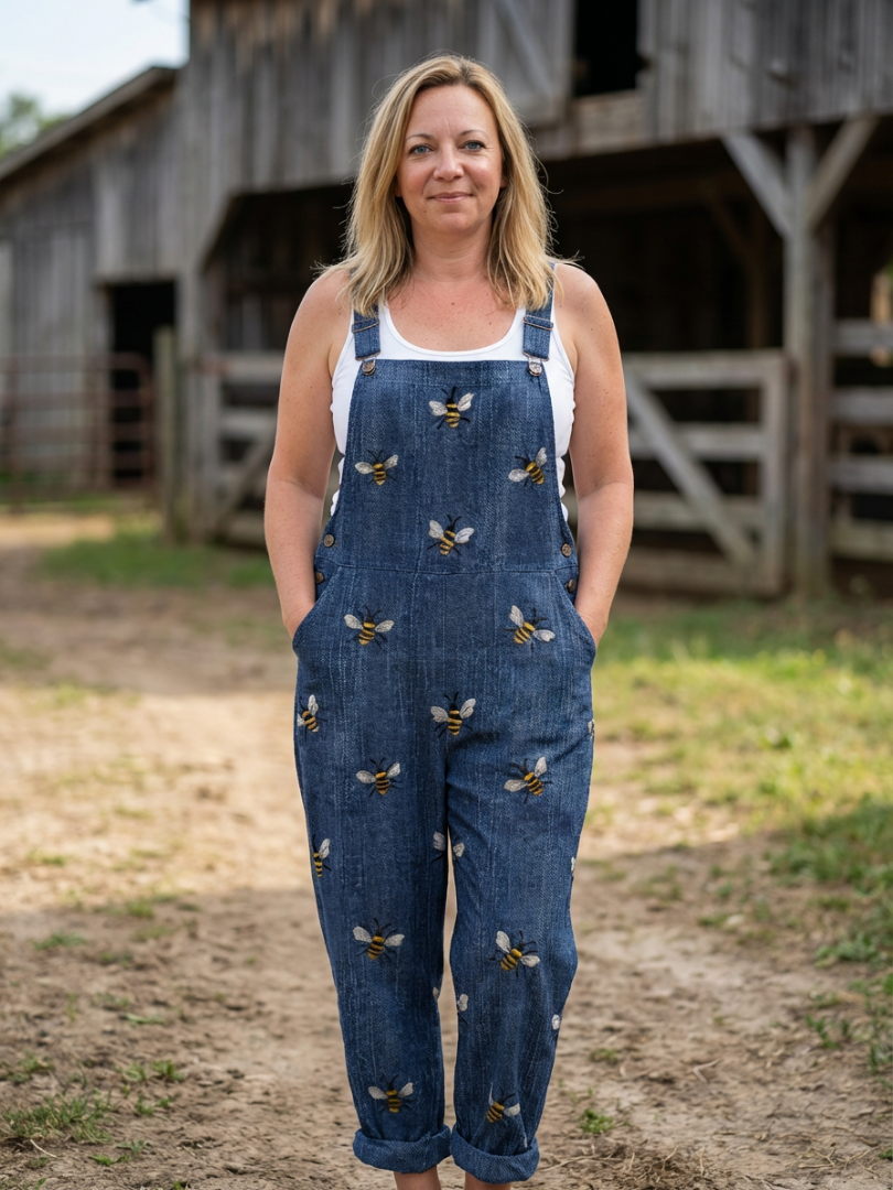 Denim Overalls with Bee Print for Women