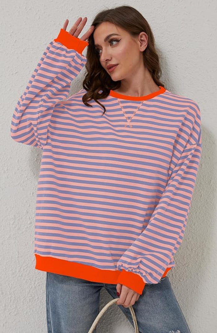 Suéter Oversize a Rayas con Cuello Redondo y Estilo Pullover para Mujer
