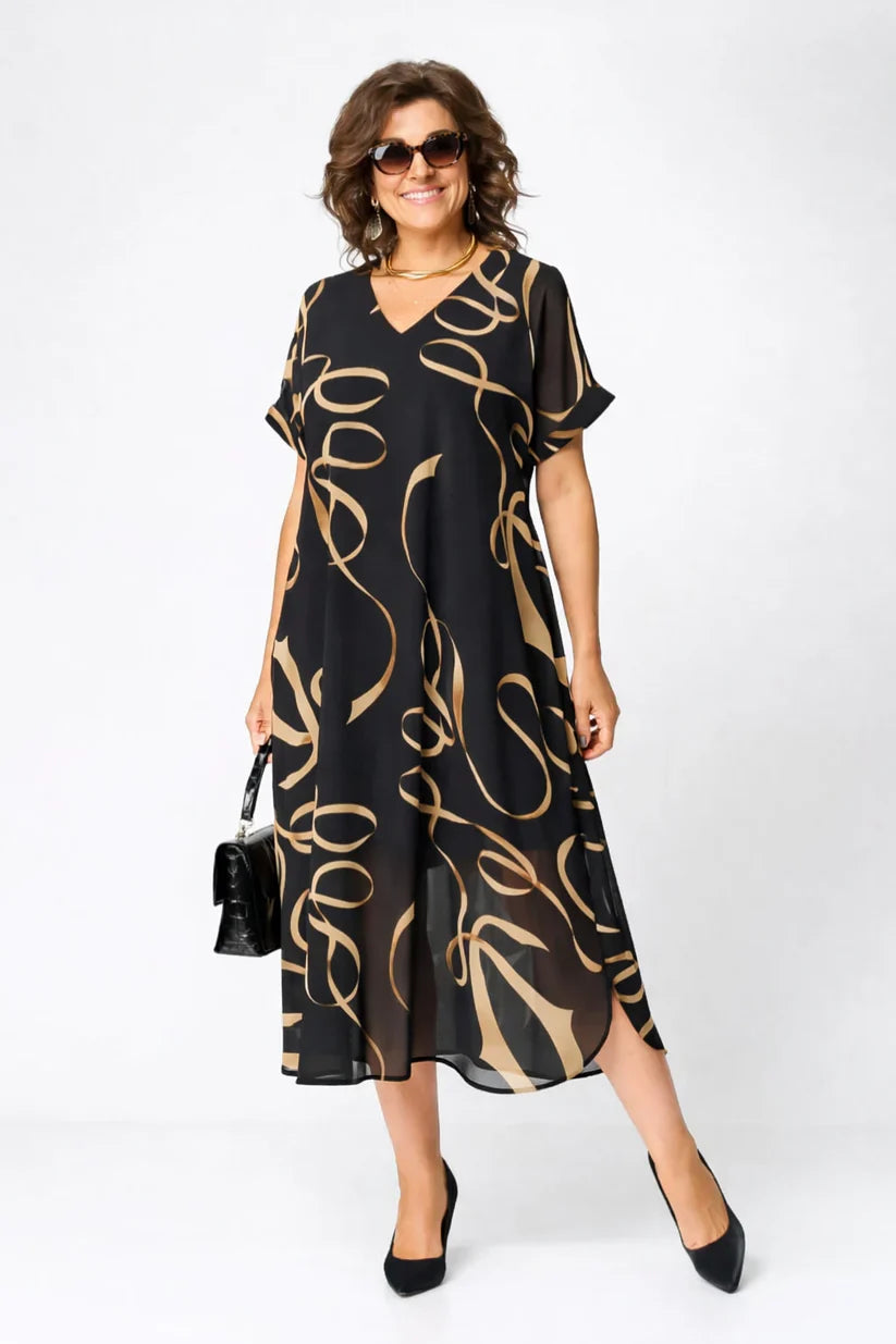 Vestido Midi con Estampado Abstracto y Cuello en V para Mujer