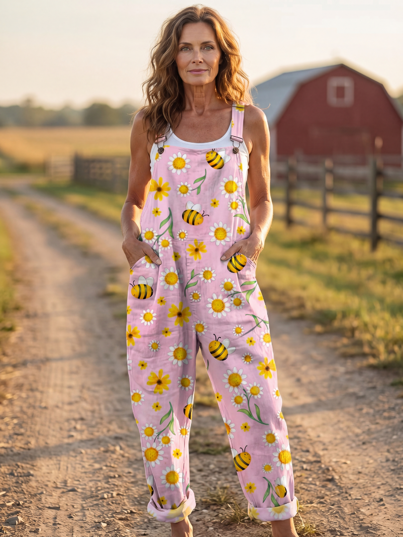 Floral Bee Print Overalls for Women