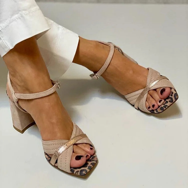 Sandalias de Tacón Ancho con Banda Cruzada para Mujer