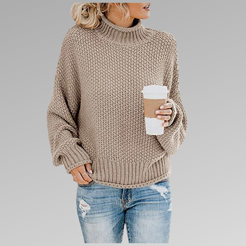 Oversized Waffle Knit Mock Neck Sweater with Batwing Sleeves for Women