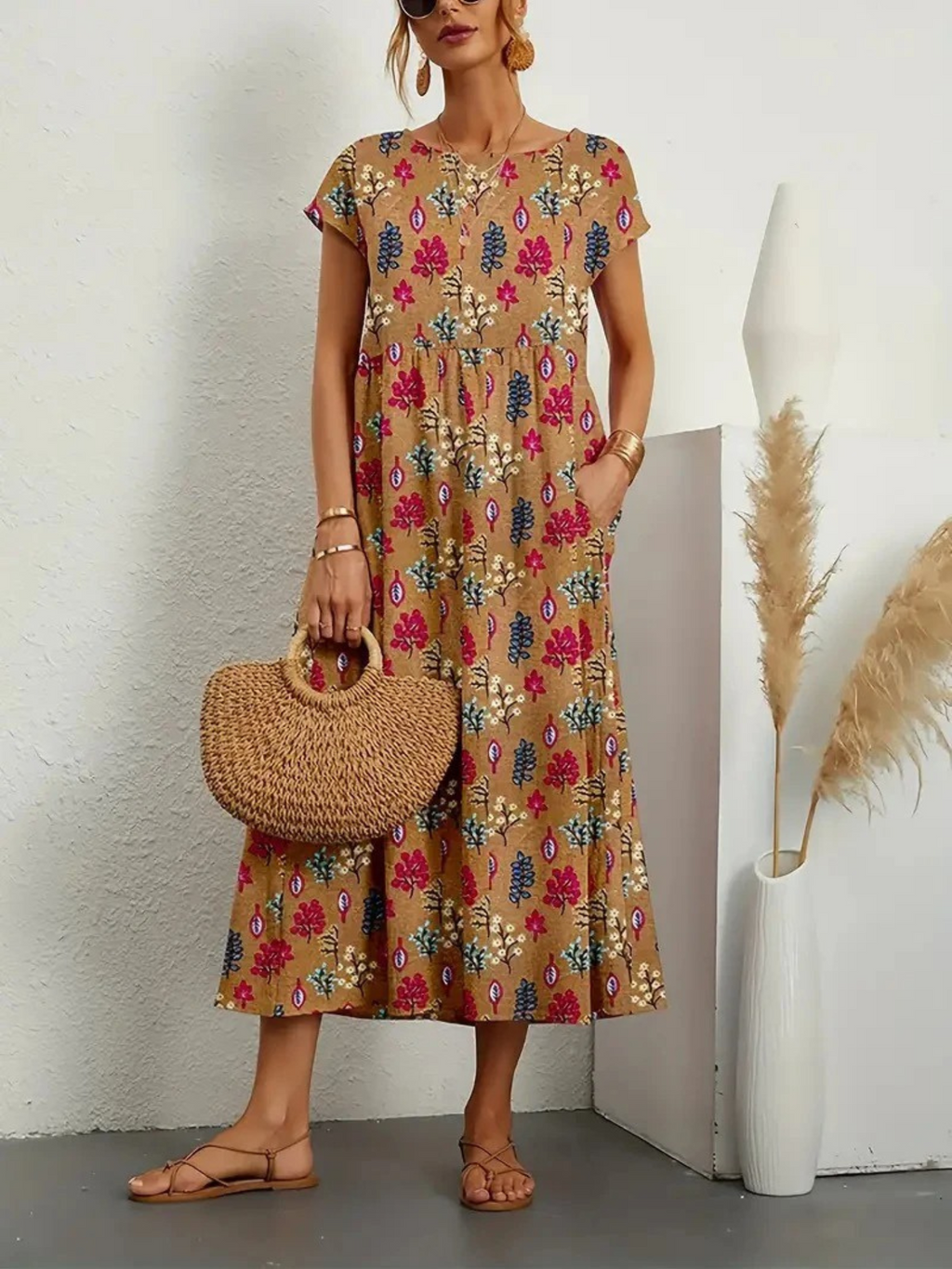 Vestido Estampado de Algodón y Lino para Mujeres