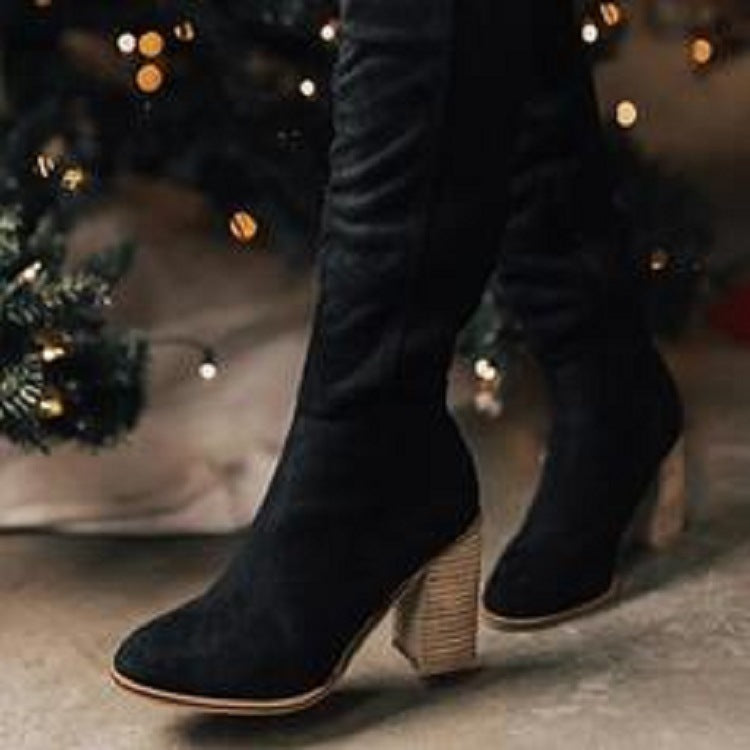 Knee High Boots in Faux Suede with Block Heel for Women