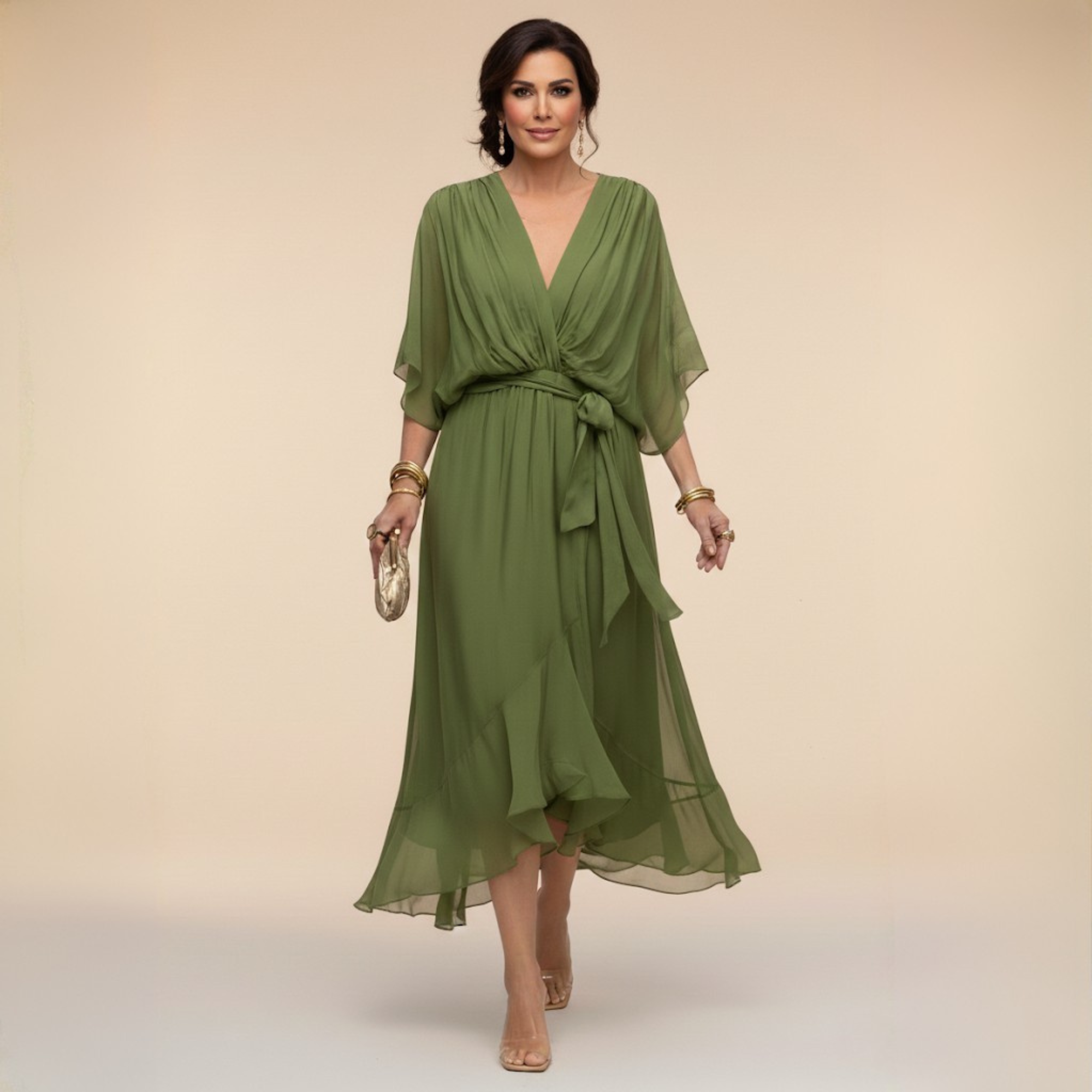 Vestido Largo con Lazo y Mangas Murciélago para Mujer