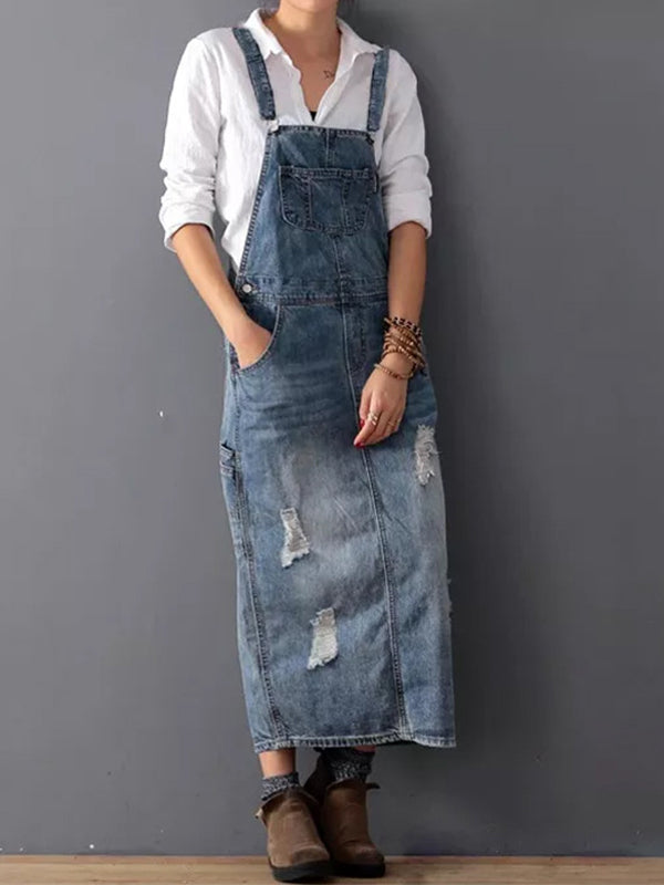 Vestido de Mezclilla con Tirantes y Detalles Desgastados para Mujer