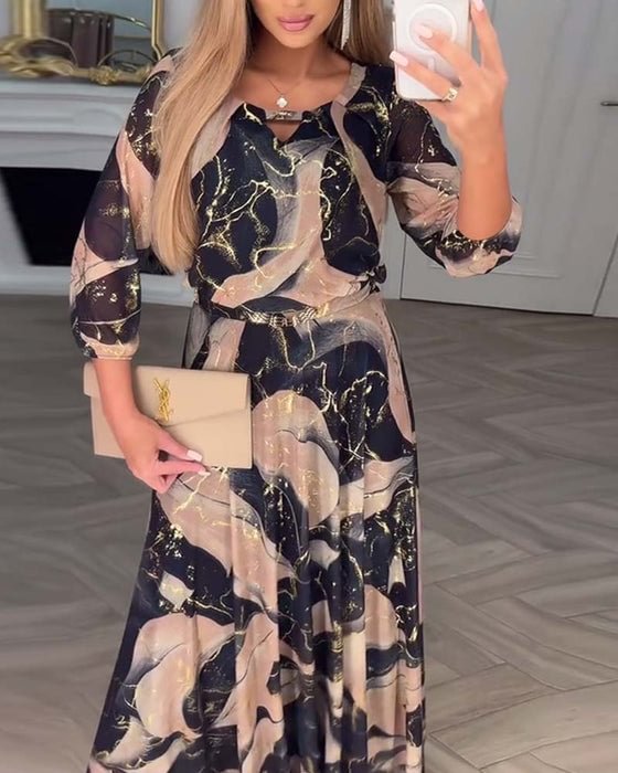 Vestido Largo con Estampado 3D y Mangas de Farol para Mujer