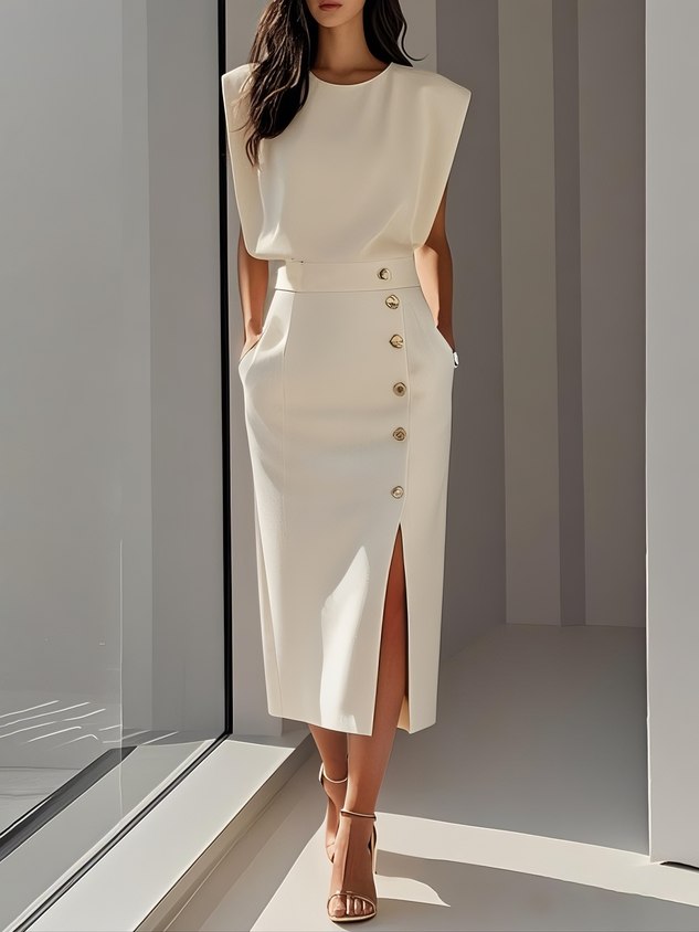 Vestido Midi con Cuello Redondo y Botones para Mujer | Ideal para el Verano