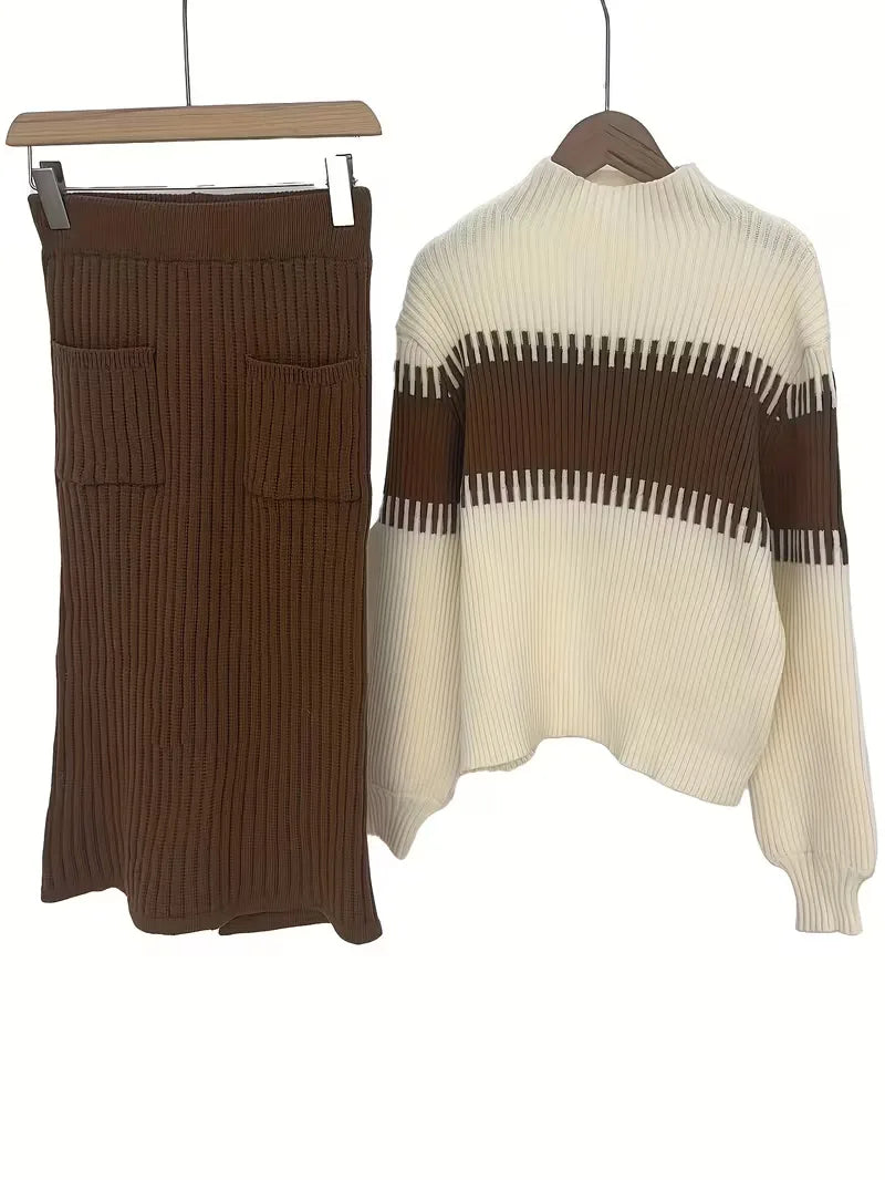 Falda Midi de Cintura Alta y Suéter Oversized de Punto Acanalado para Mujer