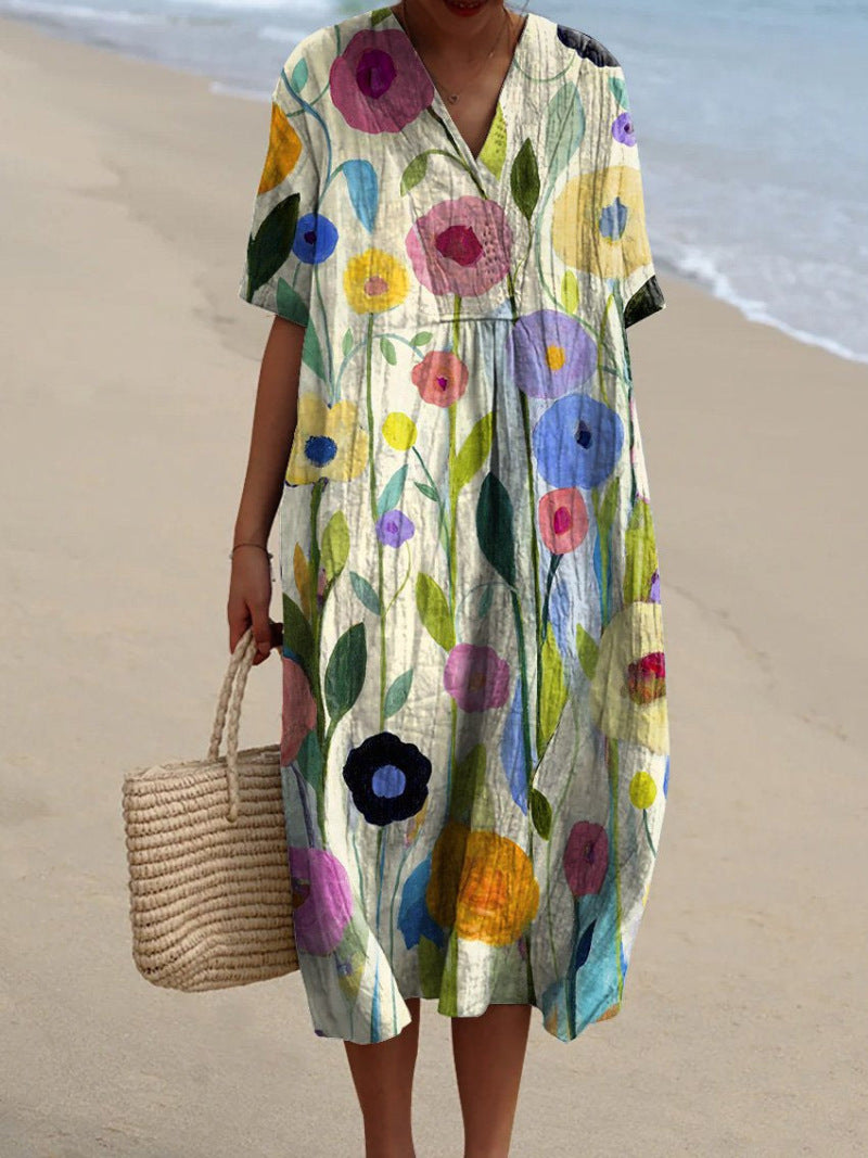 Vestido Floral de Manga Corta para Mujer