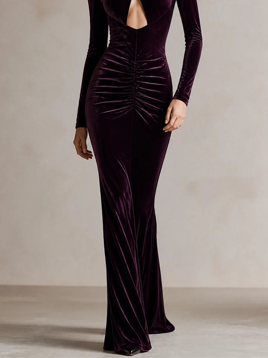 Vestido Largo de Terciopelo con Manga Larga y Cuello Halter para Mujer