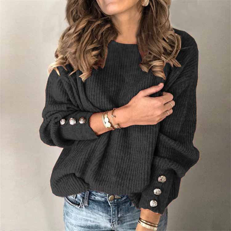 Oversized Long Sleeve Cotton Crew Neck Sweater with Buttons for Women