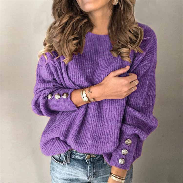 Oversized Long Sleeve Cotton Crew Neck Sweater with Buttons for Women