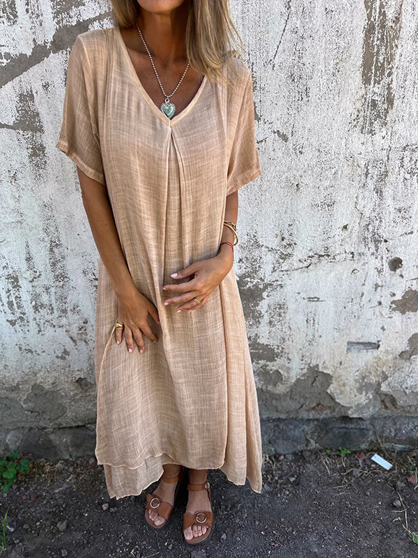Vestido de Lino y Algodón con Cuello en V para Mujeres