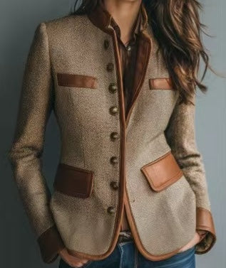 Chaqueta Ajustada de Tweed con Bolsillos Frontal y Detalles de Piel Sintética para Mujer