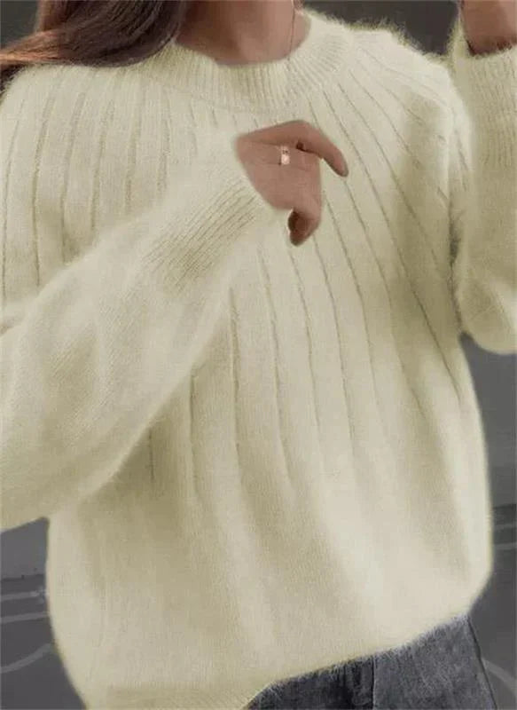 Long Sleeve Relaxed Fit Ribbed Knit Crew Neck Sweater for Women