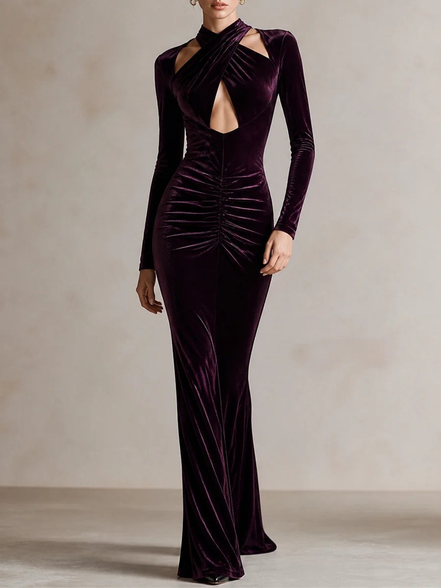 Vestido Largo de Terciopelo con Manga Larga y Cuello Halter para Mujer