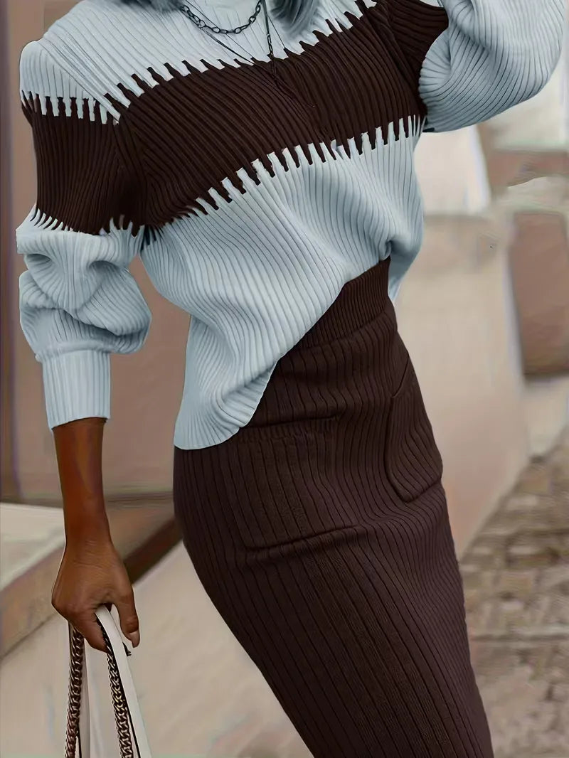 Falda Midi de Cintura Alta y Suéter Oversized de Punto Acanalado para Mujer