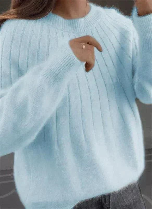 Long Sleeve Relaxed Fit Ribbed Knit Crew Neck Sweater for Women