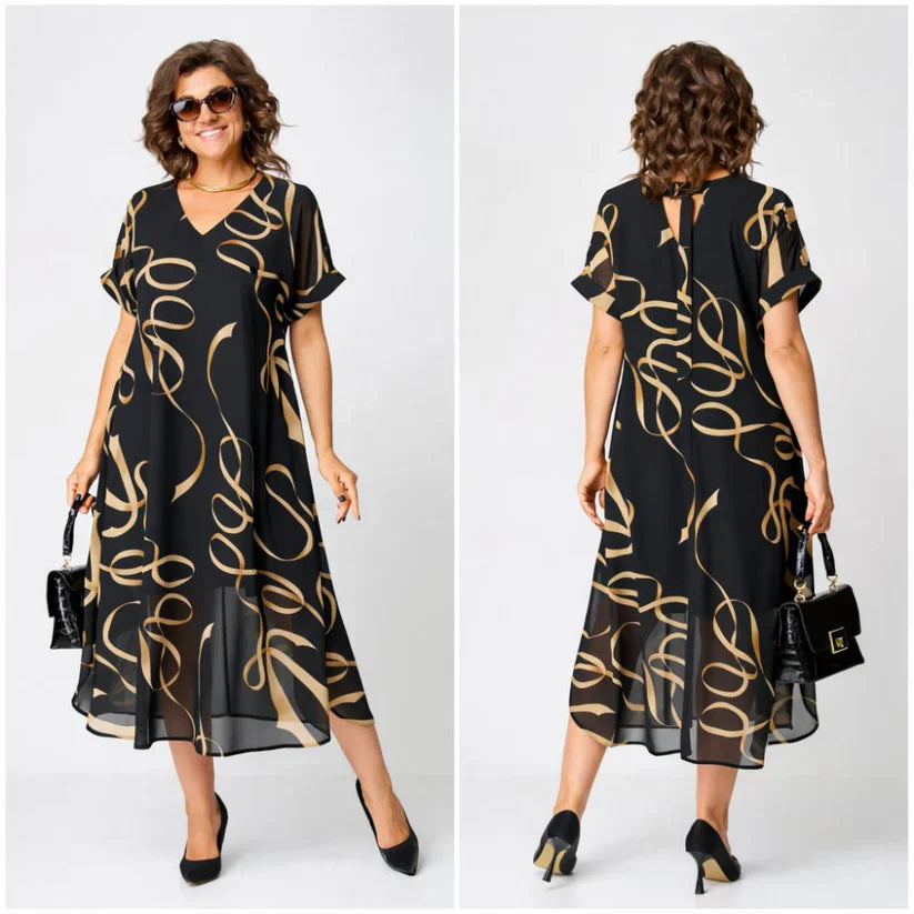 Vestido Midi con Estampado Abstracto y Cuello en V para Mujer
