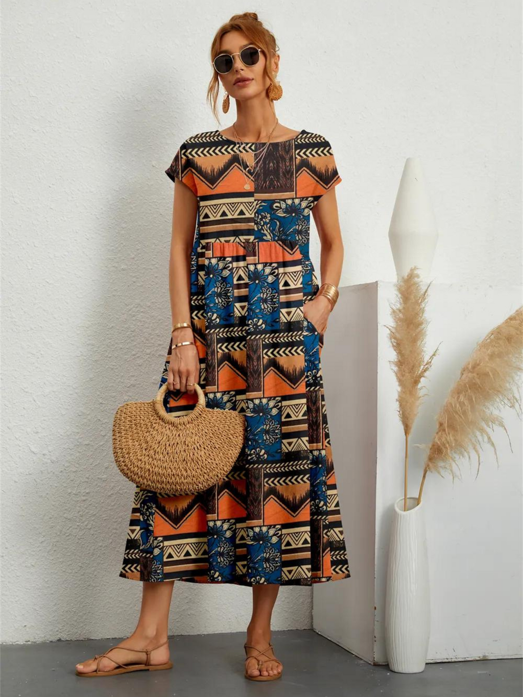 Vestido Estampado de Algodón y Lino para Mujeres