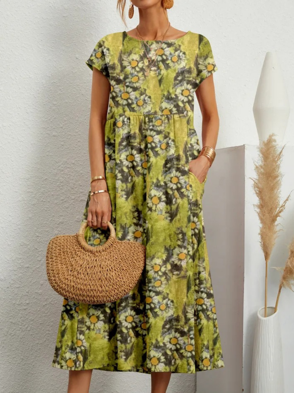 Vestido Estampado de Algodón y Lino para Mujeres