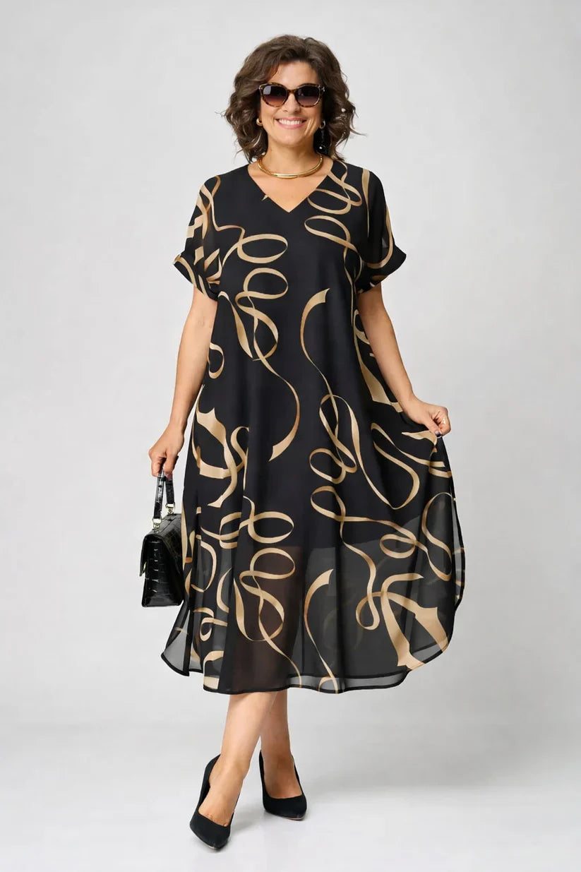 Vestido Midi con Estampado Abstracto y Cuello en V para Mujer