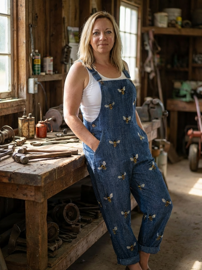Denim Overalls with Bee Print for Women