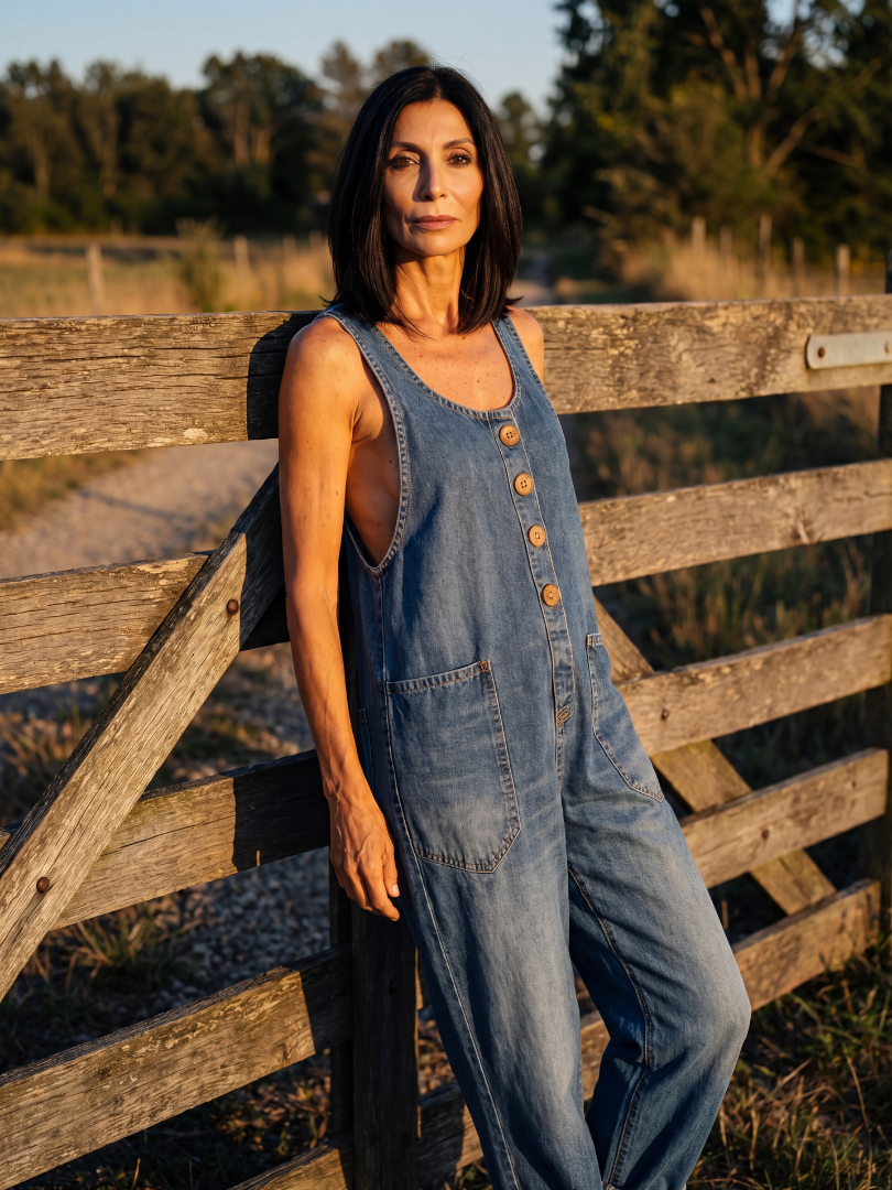 Button Front Denim Overalls for Women