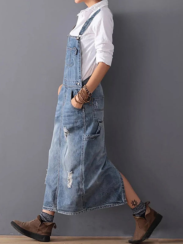 Vestido de Mezclilla con Tirantes y Detalles Desgastados para Mujer
