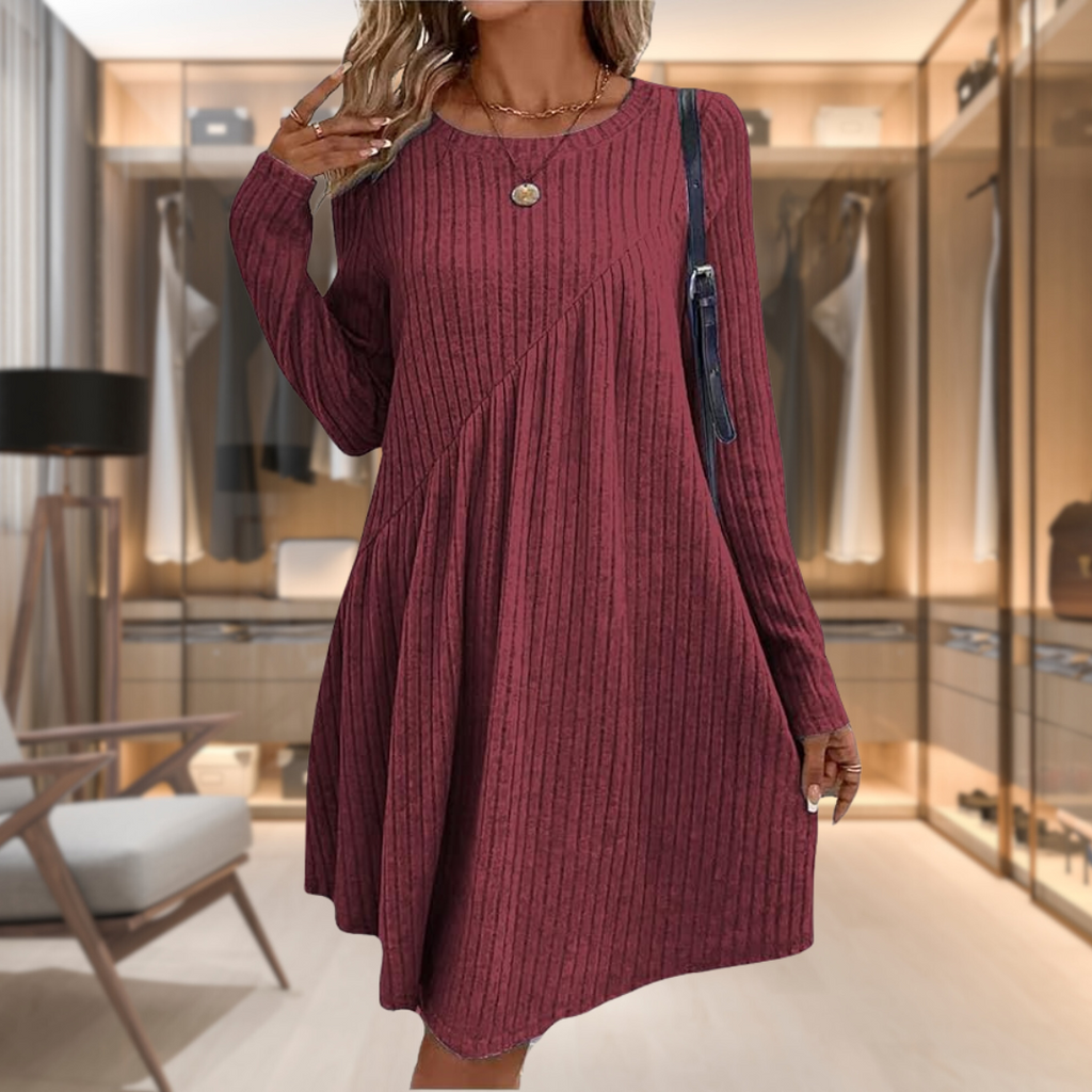 Vestido Midi Asimétrico de Punto Canalé con Corte Evasé para Mujer
