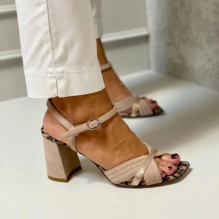Sandalias de Tacón Ancho con Banda Cruzada para Mujer