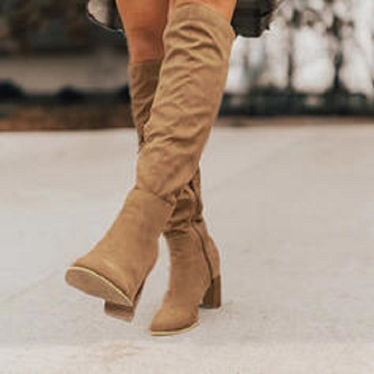 Knee High Boots in Faux Suede with Block Heel for Women