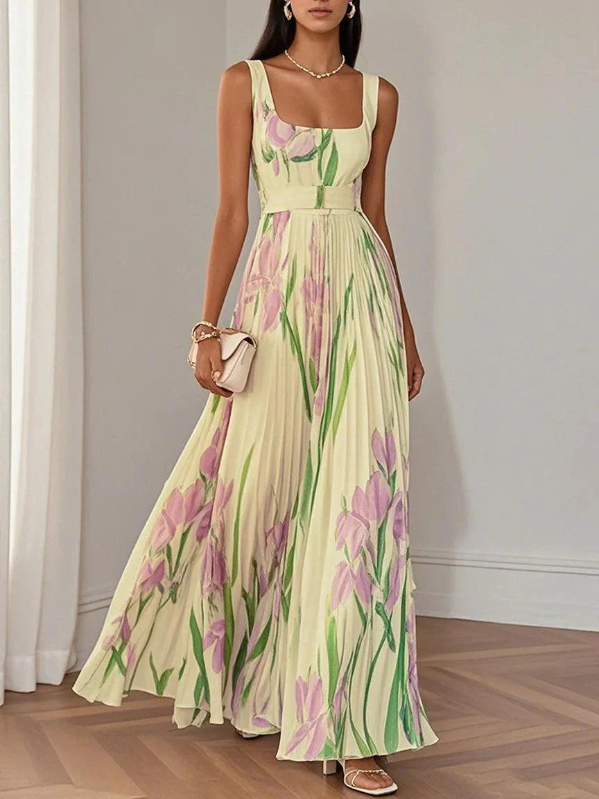 Vestido Maxi Plisado con Escote Cuadrado para Mujer | Ideal para el Verano