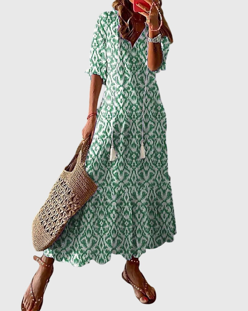Vestido Largo Estampado V-Cuello para Mujer