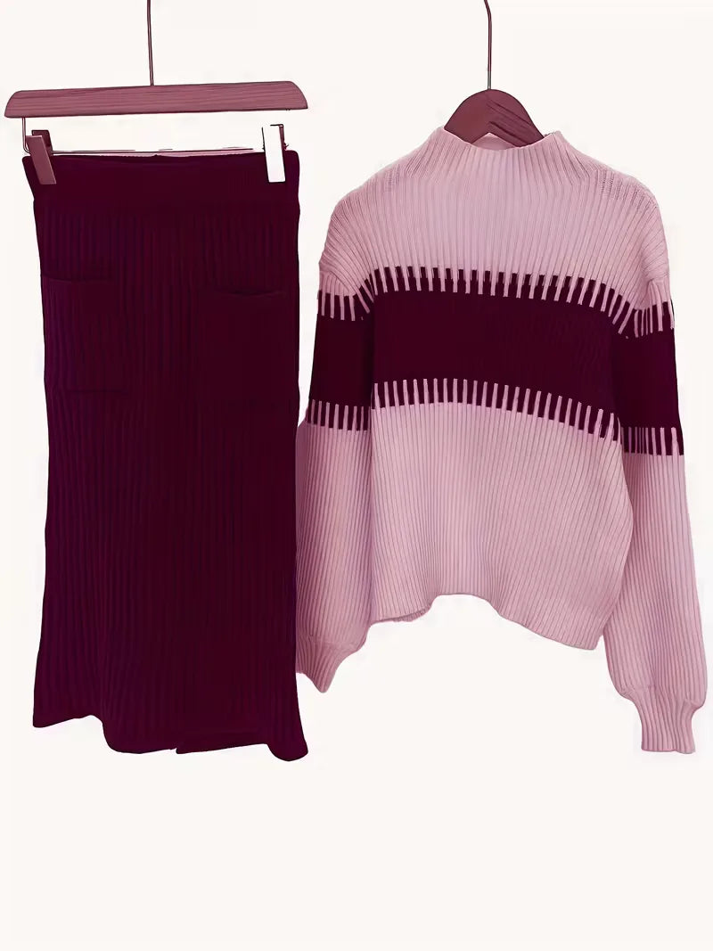 Falda Midi de Cintura Alta y Suéter Oversized de Punto Acanalado para Mujer