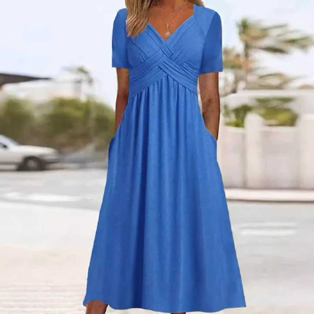 Vestido Maxi de Manga Corta para Mujeres con Escote en V y Bolsillos